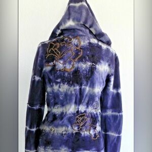 ‘Vintage’ Free People Tye-Dyed, Embroidered Hoodie. Violet, gold stitching, Sz S